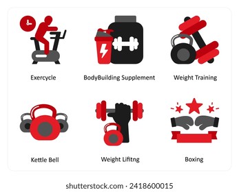 
Six exercise icons in red and black as exercycle, body building supplement, weight training
