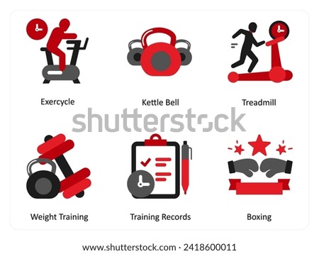 
Six exercise icons in red and black as exercycle, kettle bell, treadmill
