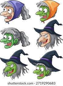 Six expressive cartoon witch faces with unique hats and headscarves in vibrant vector style.