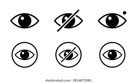 Six eye icons featuring slash prohibition symbol and various styles on transparent background