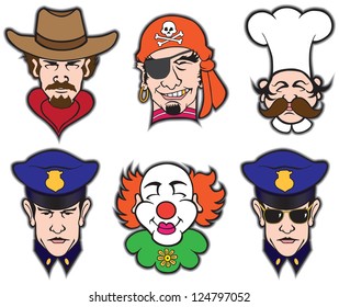 Six Faces consisting of cowboy, pirate, chef, policeman and clown