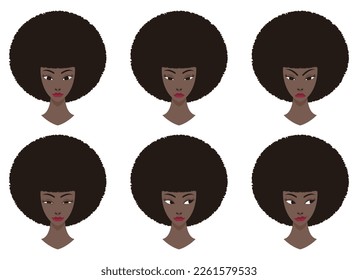 Six facial expressions of black women, vector