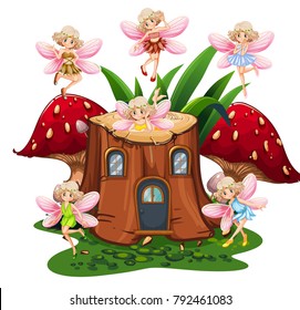 Six fairies flying around log home in garden illustration