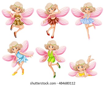 Six fairies with pink wings illustration