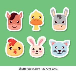 six farm animals heads characters