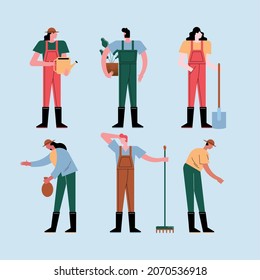 six farmers workers characters group