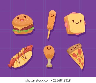 six fast food kawaii ingredients characters