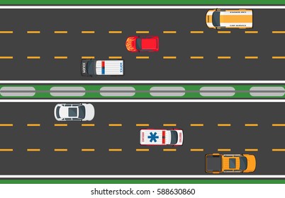 Six fast vehicles driving on road texture background. Vector illustration of traffic on highway with three lines in one direction and three in another. Process of cars motion in flat design.