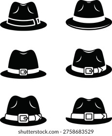 Six fedora hat illustrations with varied hatband buckle styles, minimalist black and white vintage men’s fashion vector accessory designs