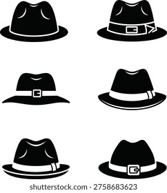 Six fedora hat illustrations with varied brim, crown and hatband styles, minimalist black and white vintage men’s fashion vector designs