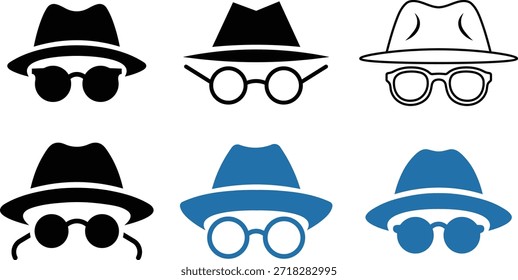 Six of fedora hats and round glasses representing anonymity disguise mystery