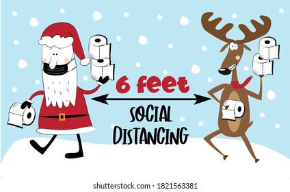 Distancia social de seis pies - Gráfica vectorial de información COVID-19. Santa Claus en facemask y reno con papel higiénico.