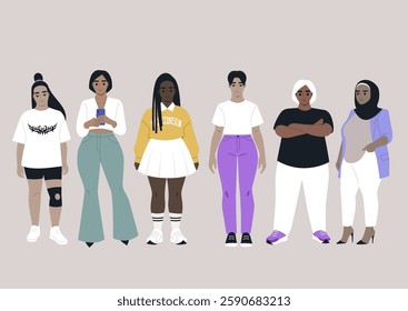 Six female characters stand together, representing body positivity in diverse outfits