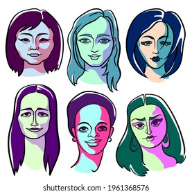 Six female faces of different types of appearance: African, Asian, North, Arabic, Scandinavian and American indigenous. Color portraits in the style of Suprematism.