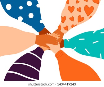 Six female hands support each other, concept of teamwork, women power. Diverse human hands united for social freedom and peace. Friendship concept on white background