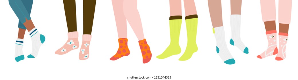 Six female pairs of legs in casual socks, isolated on white background. Flat cartoon colorful vector illustration.    