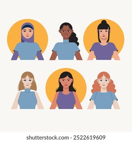 Six female-presenting avatars in a flat vector style