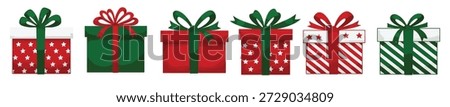 six festive christmas gift boxes with ribbons and bows