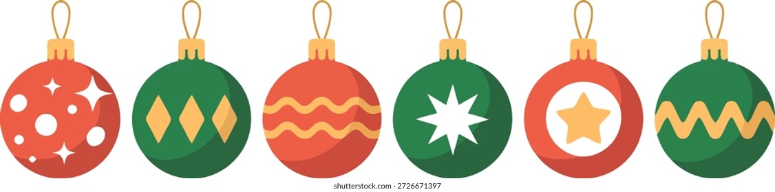 Seis adornos de Navidades de diseño plano festivo en rojo y verde con acentos dorados y patrones variables, perfectos para celebraciones navideñas.