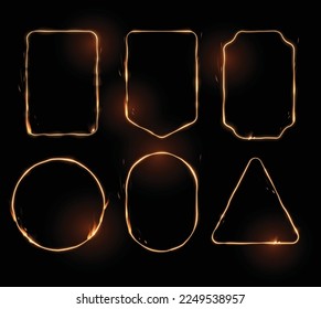 Six fiery frames of different shapes on a black background. Special effect of transparent smoke. Very realistic illustration.