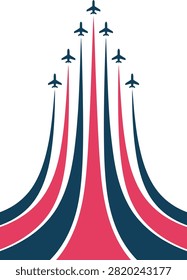 Six fighter jets flying in formation with colorful smoke trails isolated on transparent background.eps