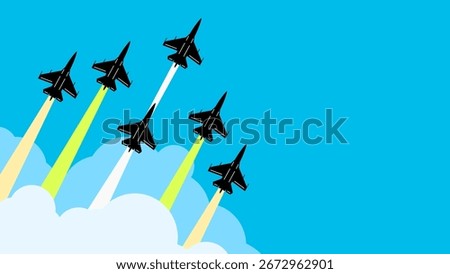 Six fighter jets soaring powerfully into the sky, leaving behind vibrant smoke trails in white, green, and yellow. The sharp black silhouettes of the aircraft cut through a bright blue backdrop