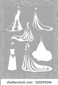 six figures of brides in full growth in a lace frame