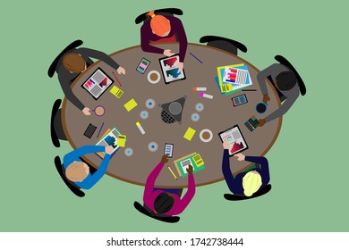 Six Financial People Seated Around A Conference Table With Various Tech Items Viewed From Above Flat Style Vector Illustration