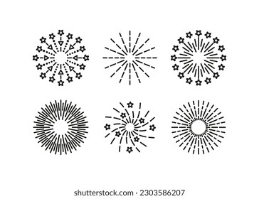 Six firework icons. Outline sparkle explosion set. Happy new year shiny symbol. Burst stars, sparks and salute. Vector illustration. Linear birthday party elements isolated on white background.