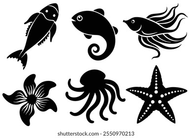 Six fish silhouette vector icon set.