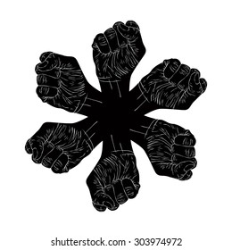 Six fists abstract symbol, black and white vector special emblem with human hands.