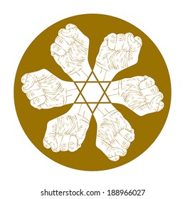 Six fists abstract symbol with hexagonal star, single color vector special emblem with human hands.