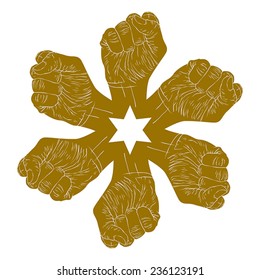 Six fists abstract symbol with hexagonal star, single color vector special emblem with human hands.