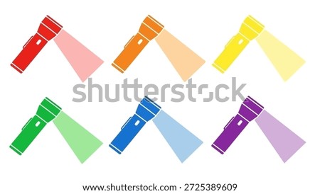 Six flashlights are arranged in two rows, each emitting a distinct colored beam. The illustration presents vibrant hues including red, orange, yellow, green, blue, and purple. This graphic features a minimalist style and high contrast, suitable for design projects, educational materials, and various visual communication applications.