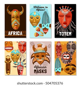 Six flat colorful cards with various african ethnic tribal ritual masks and totems isolated on white background vector illustration