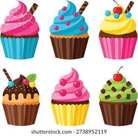 Six flat design cartoon cupcakes arranged in two rows on a white background. Each cupcake has a different colored frosting and toppings like sprinkles, cherries, chocolate pieces, and wafer sticks.