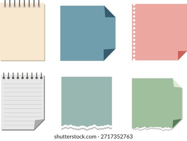 Seis notas de papel plano em cores pastel com diferentes bordas memorando plano