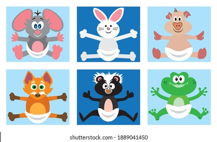 Six flat vector cartoon baby animals are wearing diapers