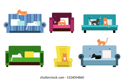 Six Flat Vector Illustration Set With Cats On The Sofas