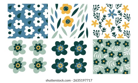 Seis patrones florales en tonos pastel suaves y oscuros