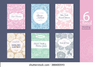 Six floral wedding, save the date invitations set with bride and groom names, text, repeat pattern backgrounds perfect for any event.