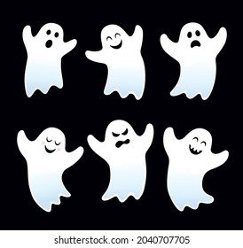 Six flying ghosts for Halloween with different expressions on their faces.