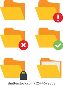 Seis iconos de carpeta con diferentes símbolos que indican varios estados o acciones, incluyendo advertencia, error y seguro.