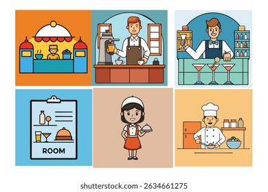 Six food and beverage service illustrations
