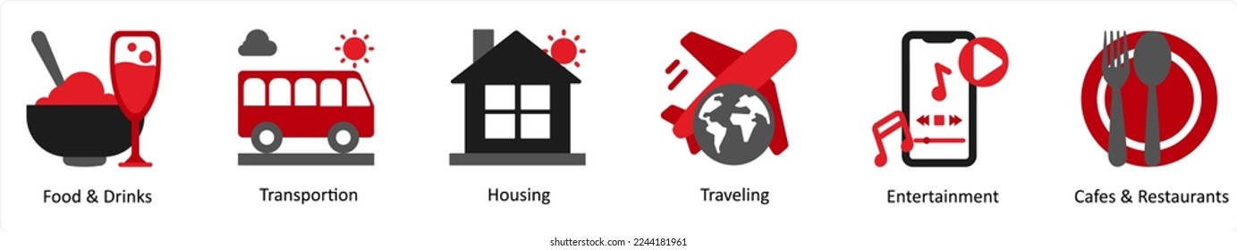 Six food and drinks icons in red and black as food and drinks, transportation, housing