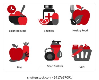 Six food icons in red and black as balanced meal, vitamins, healthy food