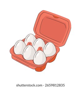 Six fresh chicken eggs raw in an opened carton box on white background. Healthy eating or farm fresh concept, protein. Bright and clean design, minimal vector illustration.
