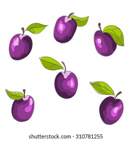 six fresh plums with leaves vector isolated on white