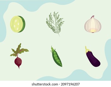 six fresh vegetables set icons