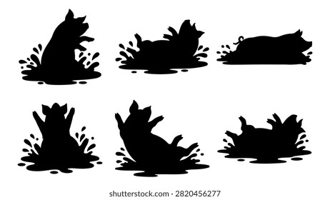 Six frog silhouettes in different poses on water, capturing natural amphibian stances and movements in a minimalistic style.